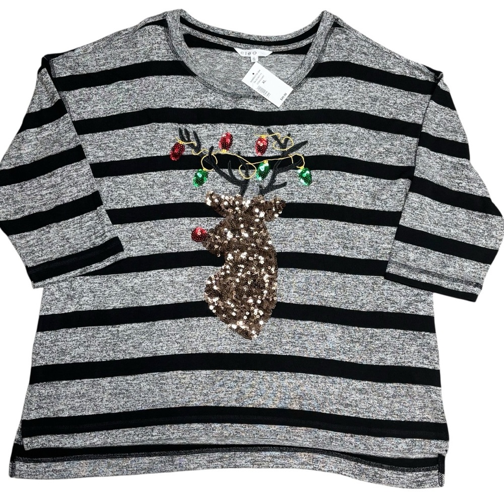 NWT Cleo Black & Grey Striped Sequin Reindeer Scoop Neck 1/2 Sleeve Top XL